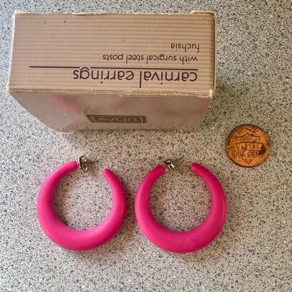 Vintage Avon carnival earrings 80s hoops NIB NWT pink jewelry Barbie 1980s neon - Picture 8 of 10